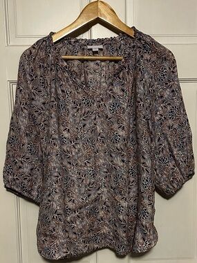 J. Jill Floral Print Linen Peasant Blouse - Blue & Tan